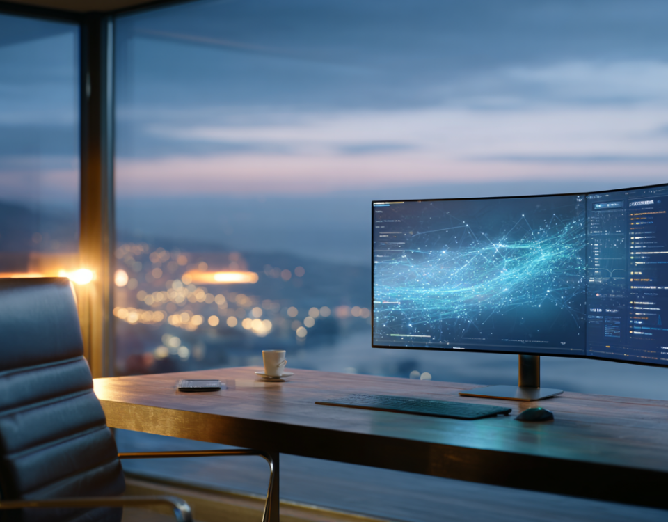 Postazione di lavoro moderna al crepuscolo: due monitor contrappongono dati statici e flussi di agenti AI autonomi, metafora della scelta strategica per le PMI nel passaggio all'AI agentica.