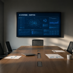 Sala riunioni vuota di una PMI manifatturiera italiana con schermo che mostra dashboard di sistemi AI in uso, simbolo della governance dell'intelligenza artificiale necessaria entro il 2 agosto 2026