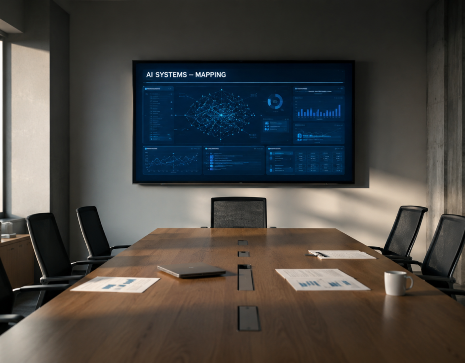 Sala riunioni vuota di una PMI manifatturiera italiana con schermo che mostra dashboard di sistemi AI in uso, simbolo della governance dell'intelligenza artificiale necessaria entro il 2 agosto 2026