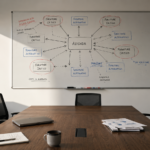 Sala riunioni di una PMI manifatturiera italiana con tavolo lungo, lavagna con organigramma dei fornitori critici disegnato a mano, atmosfera di lavoro strategico sulla supply chain post-scadenza NIS2