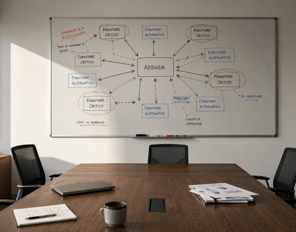 Sala riunioni di una PMI manifatturiera italiana con tavolo lungo, lavagna con organigramma dei fornitori critici disegnato a mano, atmosfera di lavoro strategico sulla supply chain post-scadenza NIS2