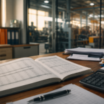 Ufficio amministrativo di una PMI manifatturiera italiana, bilancio aperto e calcolatrice in primo piano, reparto produttivo sfocato sullo sfondo