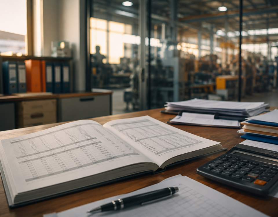 Ufficio amministrativo di una PMI manifatturiera italiana, bilancio aperto e calcolatrice in primo piano, reparto produttivo sfocato sullo sfondo