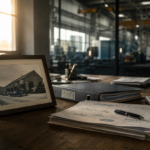 Scrivania del fondatore di una PMI manifatturiera italiana con documenti aziendali e una vecchia foto in bianco e nero dello stabilimento incorniciata, luce naturale