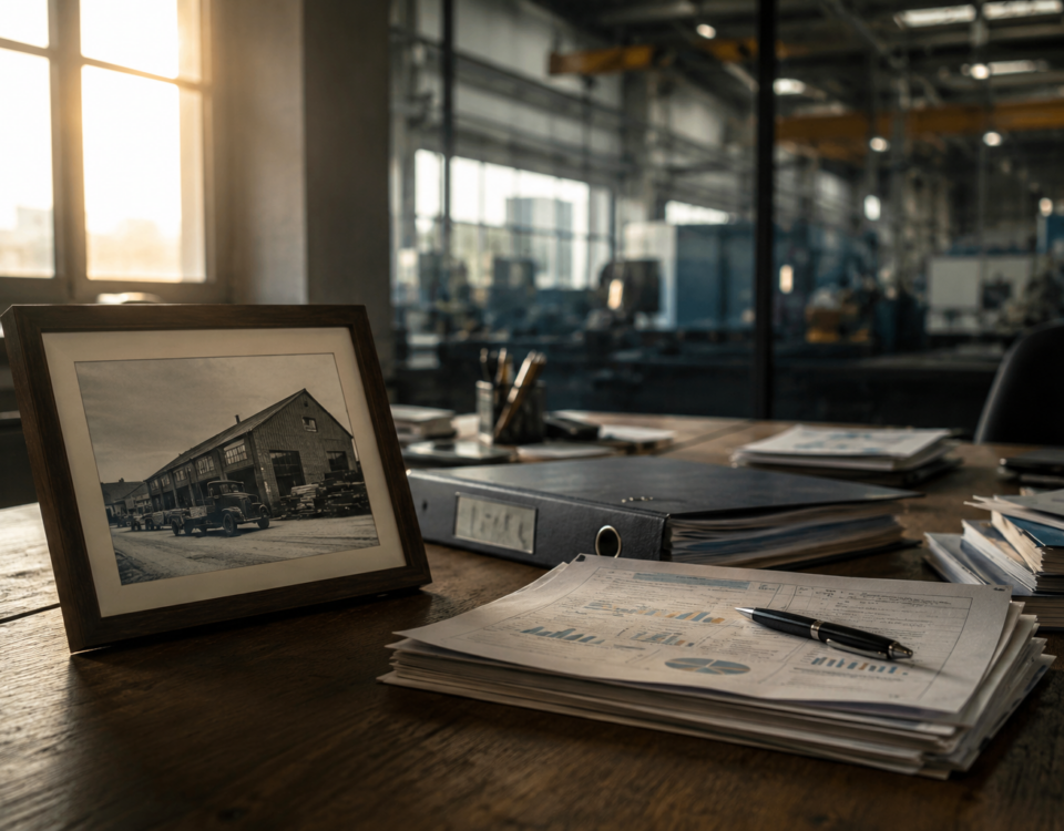 Scrivania del fondatore di una PMI manifatturiera italiana con documenti aziendali e una vecchia foto in bianco e nero dello stabilimento incorniciata, luce naturale